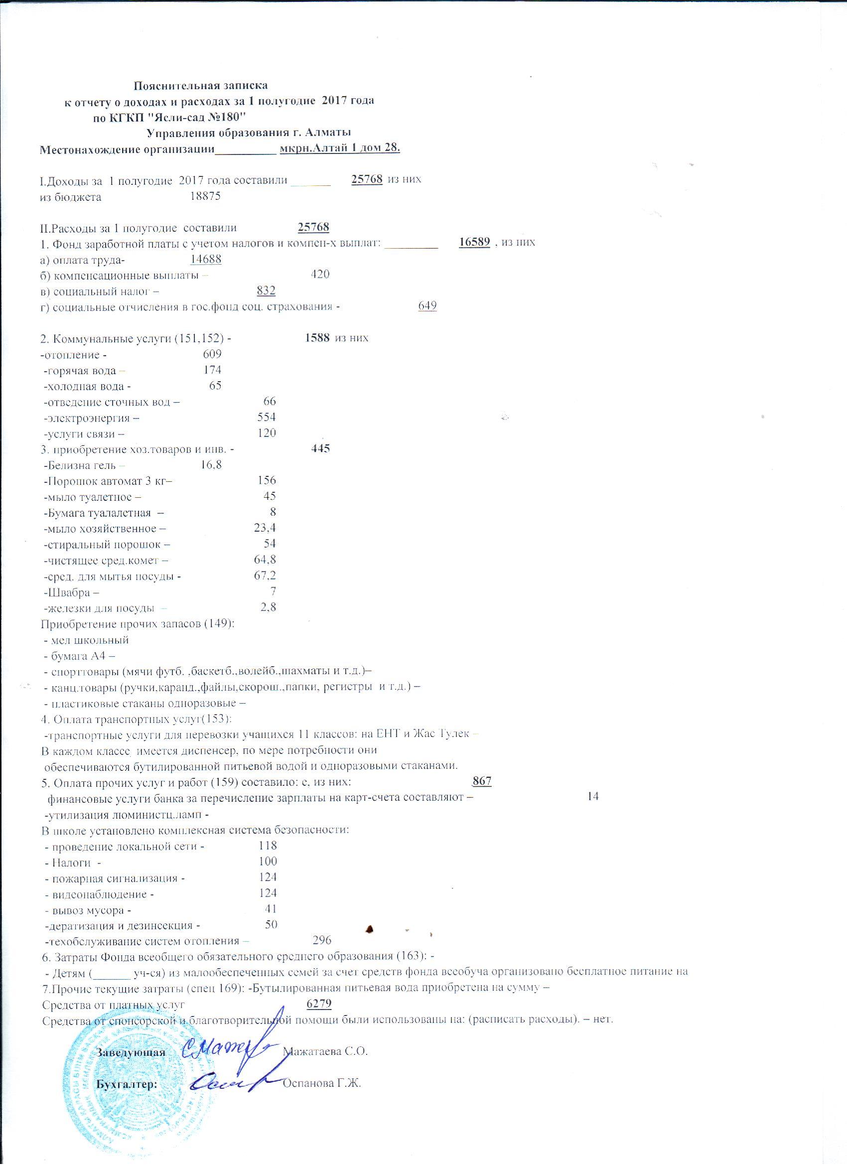 Отчет о доходах и расходах  за 1 полугодие  2017 года