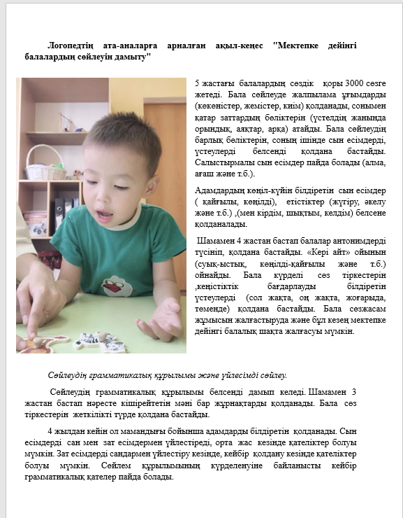 Логопедтің ата-аналарға арналған ақыл-кеңесі "Мектепке дейінгі балалардың сөйлеуін дамыту"